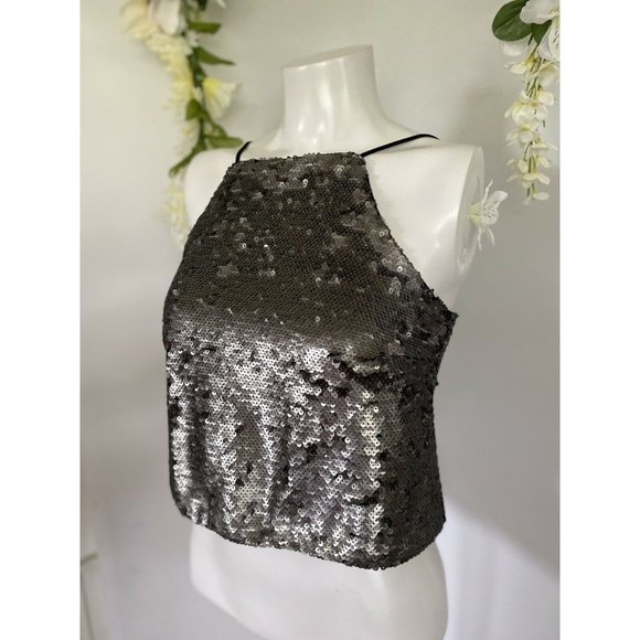 Vintage Sugar‎ Lips Sequin Cropped Camisole Cami Tank Top Gray Womens Size Small - Picture 1 of 12